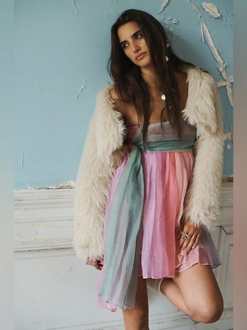 Free People In Rainbows Mini Dress in Peach Combo